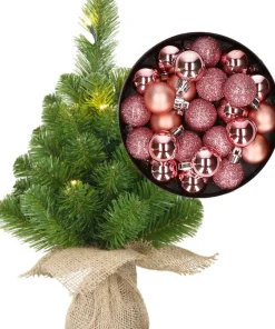 Merkloos Mini Kerstboom/Kunstboom Met Verlichting 45 Cm En Inclusief Kerstballen Roze - Kerstversiering Flash Sale