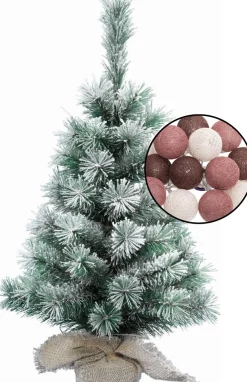 Merkloos Mini Kunst Kerstboom Besneeuwd -Incl. Lichtsnoer Bollen Mix H60 Cm Rood Clearance