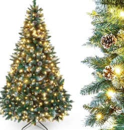 Odenneboom Kunstkerstboom 150Cm Met Verlichting Voor Binnen En Buiten - Led Kerstboom Met Witte Sneeuw En Echte Dennenappels - Brandwerend - Kunstboom - Kerstversiering - Kerstboomverlichting - Kerstboomstandaard Shop