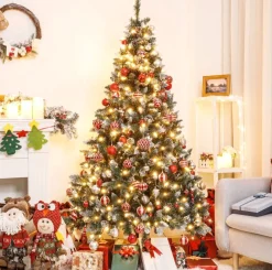 Odenneboom Kunstkerstboom 150Cm Met Verlichting Voor Binnen En Buiten - Led Kerstboom Met Witte Sneeuw En Echte Dennenappels - Brandwerend - Kunstboom - Kerstversiering - Kerstboomverlichting - Kerstboomstandaard Shop