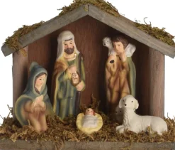 Merkloos Kerststallen>Porseleinen Kerststalletje Met 5 Kerstbeelden/Kerstfiguren 14 Cm