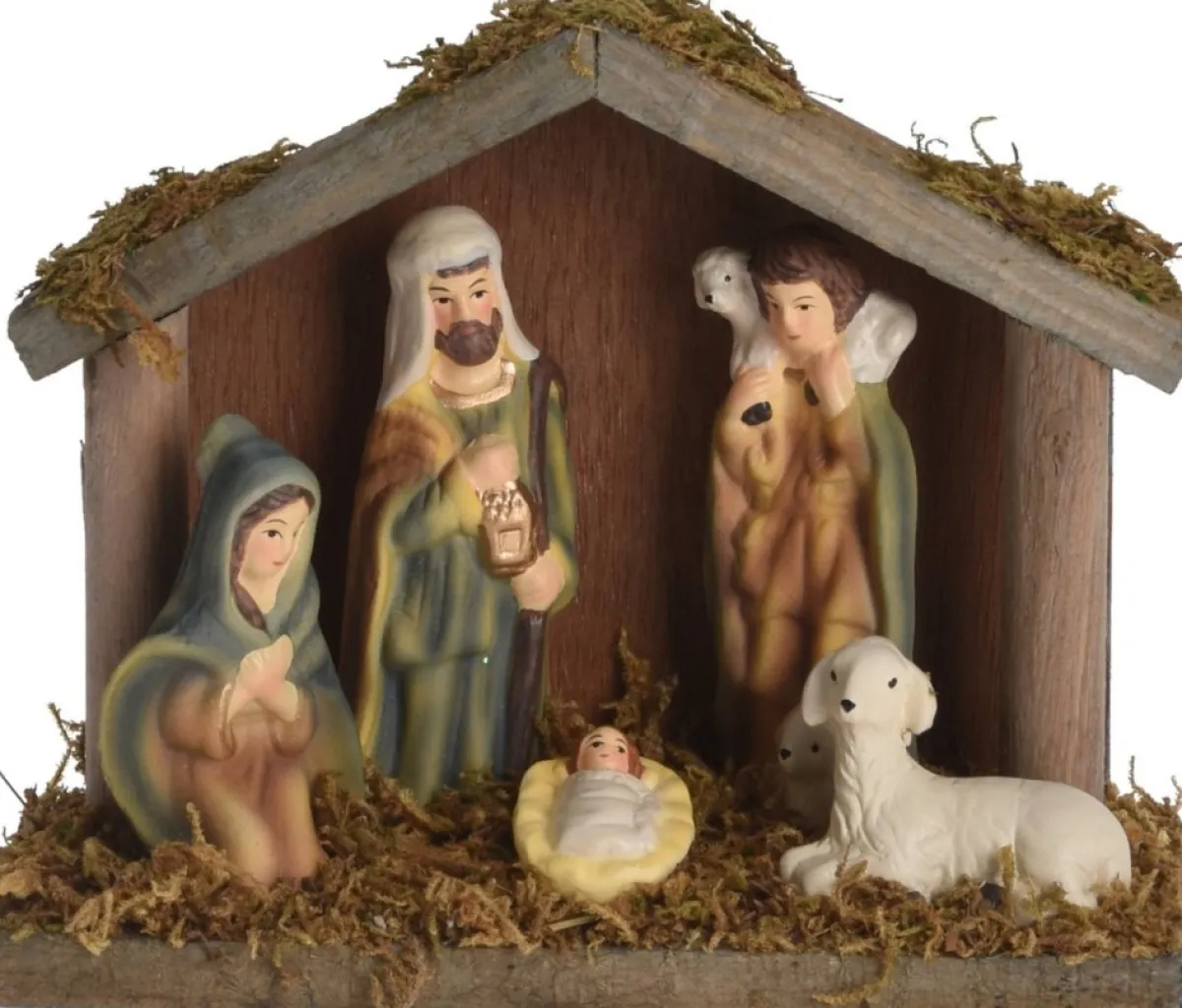 Merkloos Kerststallen>Porseleinen Kerststalletje Met 5 Kerstbeelden/Kerstfiguren 14 Cm