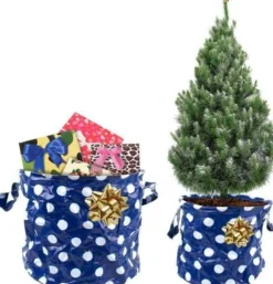 Present Time Kerstboomzak 2 Stuks– Kerstboomrok – Kerstboomhuls – Blauw Met Witte Stippen New