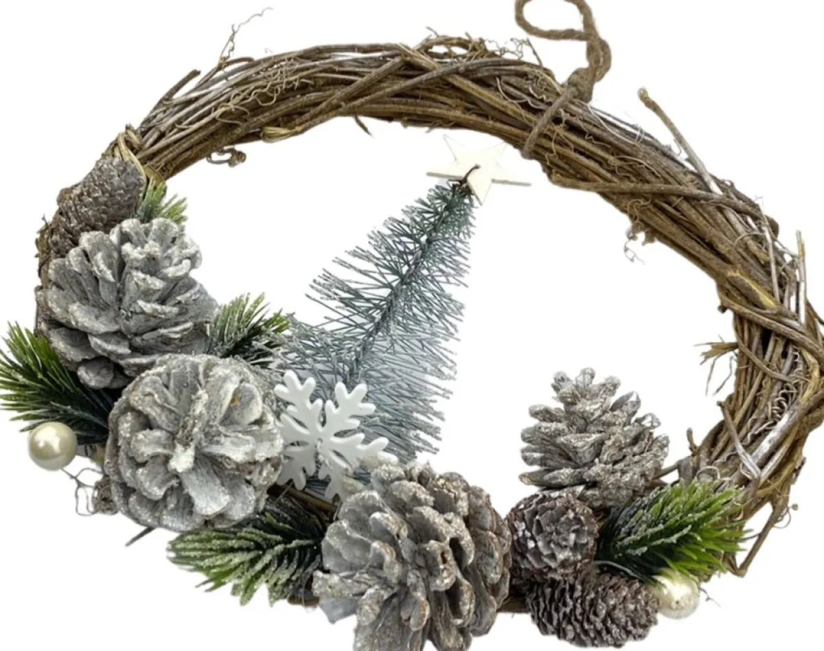 WDMT Kerstkransen>Rattan Kerstkrans - Pearl | O 28 Cm | Natuurlijke Kerst Decoratie | Kerst Krans Hanger | Wit