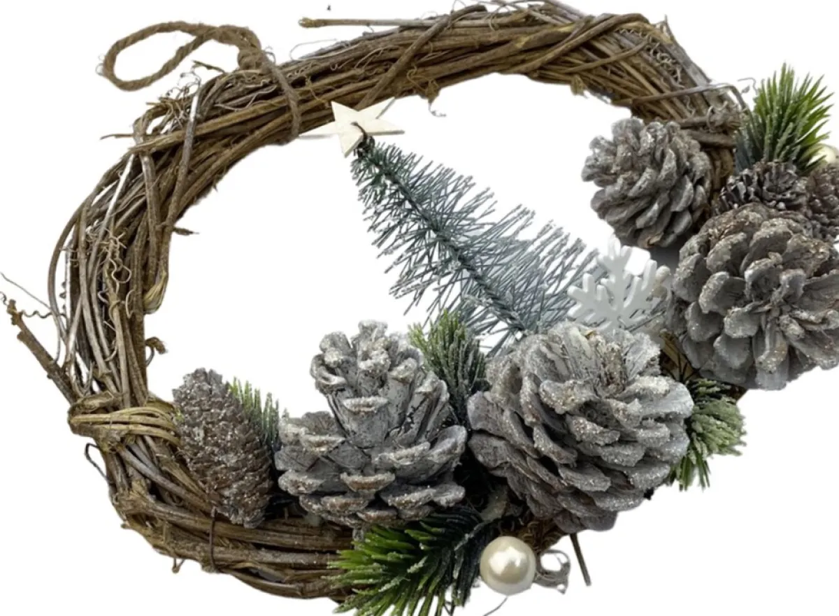 WDMT Kerstkransen>Rattan Kerstkrans - Pearl | O 28 Cm | Natuurlijke Kerst Decoratie | Kerst Krans Hanger | Wit