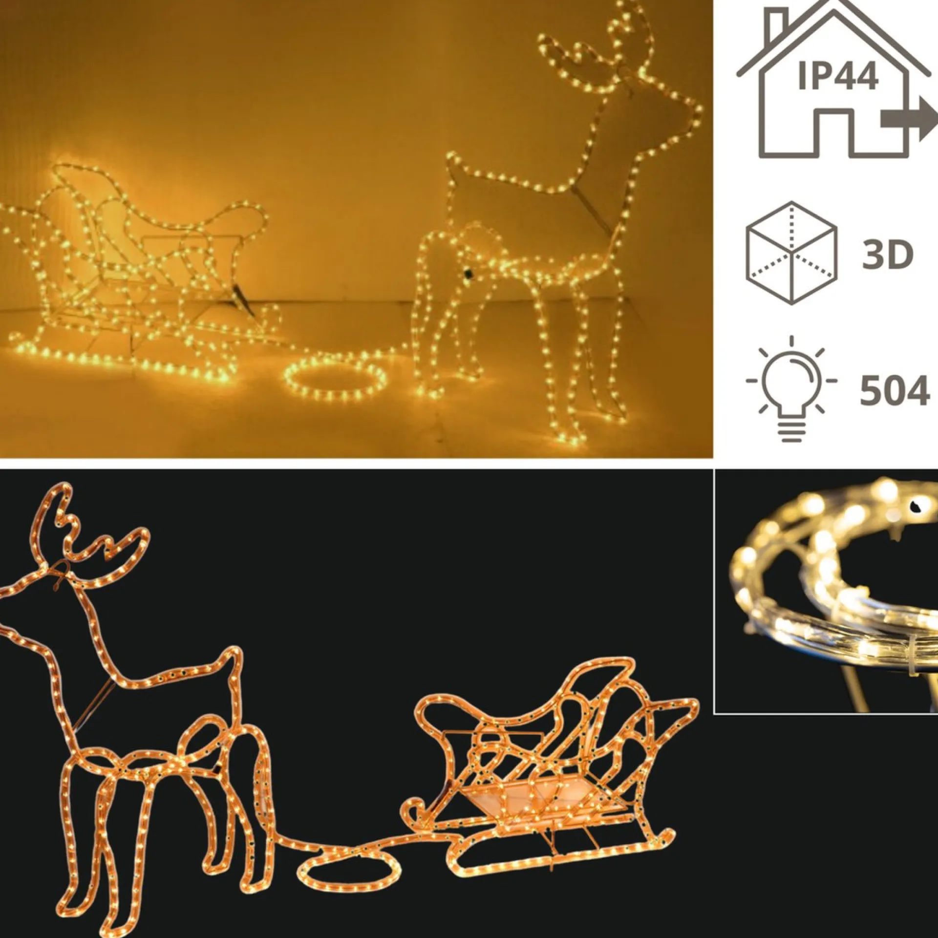 Merkloos Rendier Met Slee - 3D Slangverlichting - Kerstversiering - Kerst - Kerstverlichting Buiten - Kerstverlichting - 504 Lampjes Best