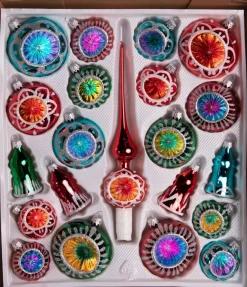 Merkloos Kerstboomversieringen>Retro Kerstballen - 20 Gekleurde Kerstballen En 1 Piek - Kerstballen Glas - Kerstboomversiering - Vintage