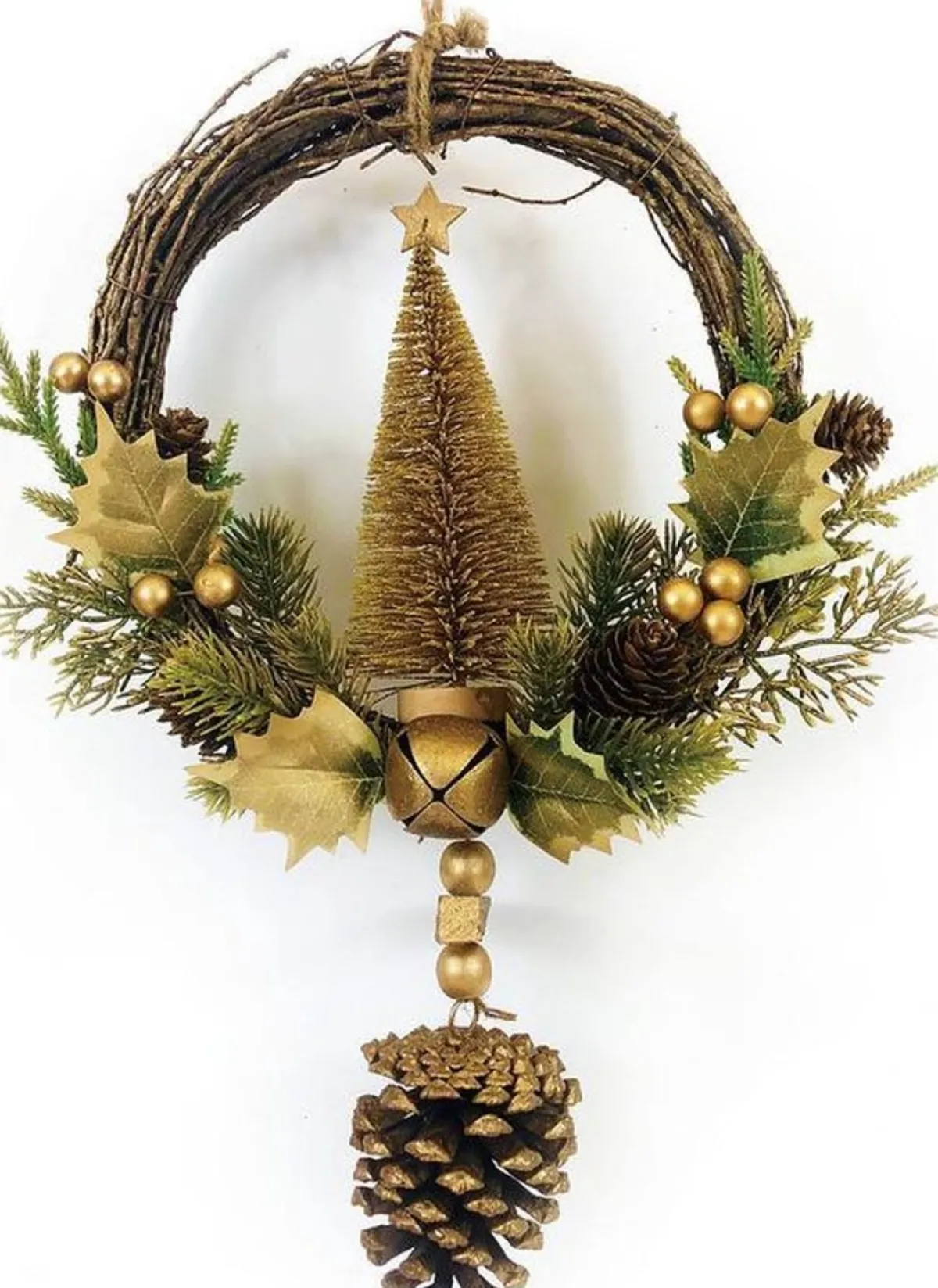 WDMT Kerstkransen>Rotan Kerstkrans - Gold Berry | O 39 Cm | Decoratieve Kerstkans Gemaakt Uit Rotan En Dennenappels Met Kerstboom | Goud