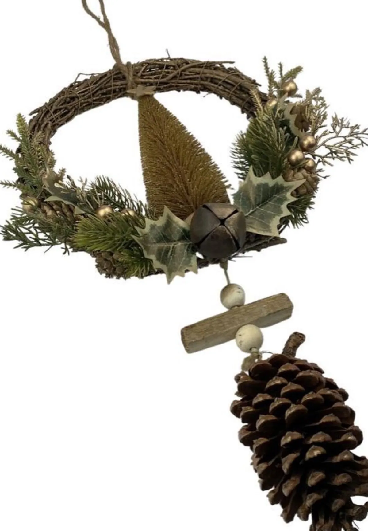 WDMT Kerstkransen>Rotan Kerstkrans - Gold Berry | O 39 Cm | Decoratieve Kerstkans Gemaakt Uit Rotan En Dennenappels Met Kerstboom | Goud