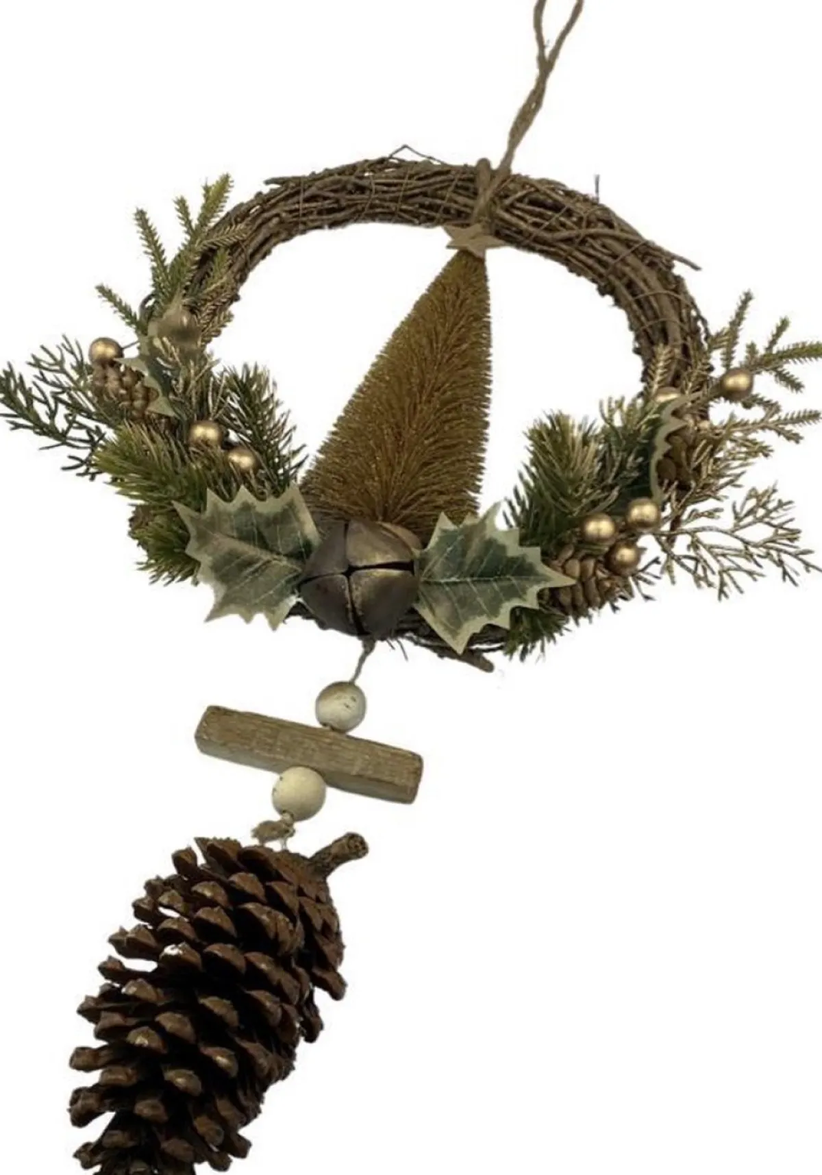 WDMT Kerstkransen>Rotan Kerstkrans - Gold Berry | O 39 Cm | Decoratieve Kerstkans Gemaakt Uit Rotan En Dennenappels Met Kerstboom | Goud