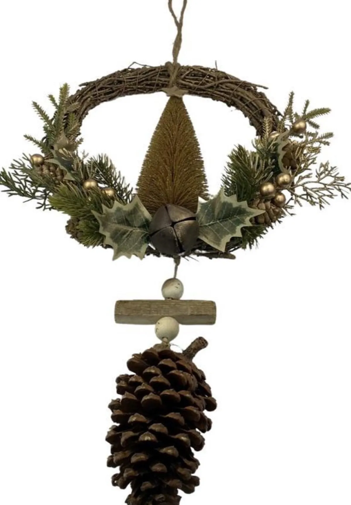 WDMT Kerstkransen>Rotan Kerstkrans - Gold Berry | O 39 Cm | Decoratieve Kerstkans Gemaakt Uit Rotan En Dennenappels Met Kerstboom | Goud