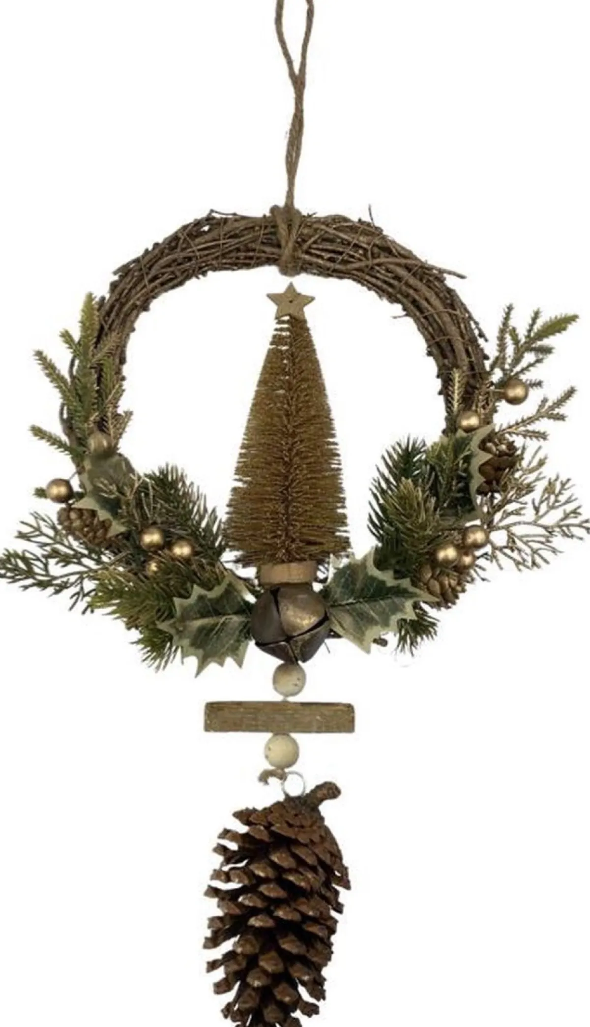 WDMT Kerstkransen>Rotan Kerstkrans - Gold Berry | O 39 Cm | Decoratieve Kerstkans Gemaakt Uit Rotan En Dennenappels Met Kerstboom | Goud