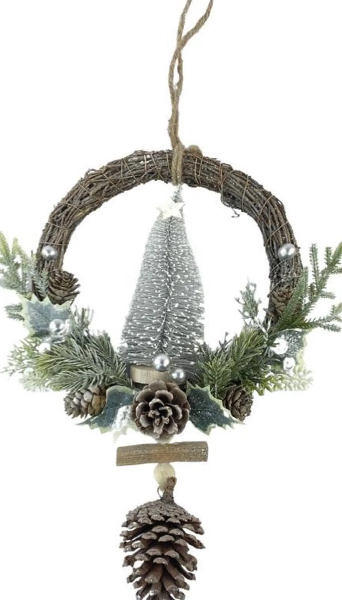 WDMT Kerstkransen>Rotan Kerstkrans - White Berry | O 39 Cm | Decoratieve Kerstkans Gemaakt Uit Rotan En Dennenappels Met Kerstboom | Wit