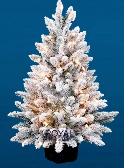 Royal Christmas - Flock / Sneeuw Kunstkerstboom In Plastic Pot - Lengte 105 Cm - Met Warm Led Batterij Verlichting - Met Sneeuw - 122 Takken Flash Sale