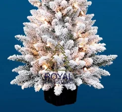 Royal Christmas - Flock / Sneeuw Kunstkerstboom In Plastic Pot - Lengte 105 Cm - Met Warm Led Batterij Verlichting - Met Sneeuw - 122 Takken Flash Sale
