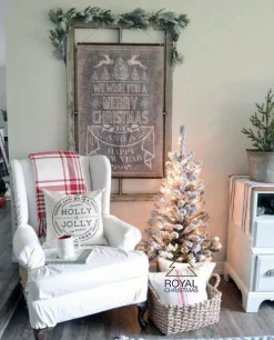 Royal Christmas - Flock / Sneeuw Kunstkerstboom In Plastic Pot - Lengte 105 Cm - Met Warm Led Batterij Verlichting - Met Sneeuw - 122 Takken Flash Sale