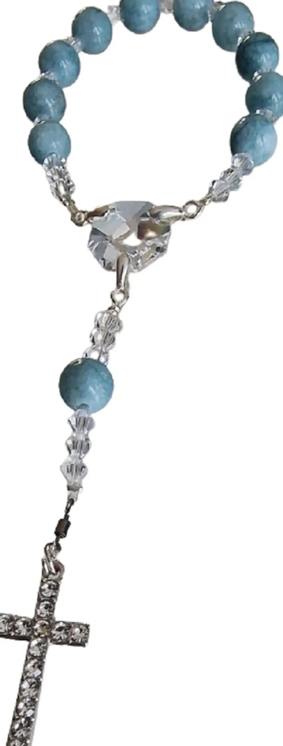 CrystalDesign Kerstkransen>Rozenkrans - Tientje - Paternoster, Gemaakt Met O.A. Swarovski Kristallen En Aquamarijn Kralen (Gebedssnoer, Kerst, Eerste Communie, Geloof, Ketting, Hanger, Kruisteken, Kruis, Meditatie, Mediteren, Gebed, Gebeden, Spiritueel)