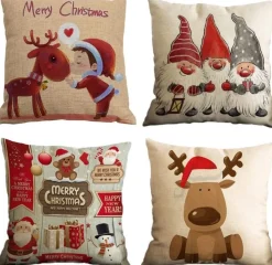 * Kerstkussens>Set Van 4 - Kerst Kussensloop - Katoen En Linnen Materiaal - Decoratieve Print - Kerstboom, Kerst Herten, Kerstman Motief - Sofa Kussenhoes - 45Cm X 45Cm