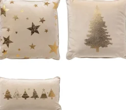 Sierkussen.nl Kerstkussens>Set Van 3 Kerst Sierkussens - Wit - Goud - 1X Tree - 1X Stars - 1X Trees - Inclusief Polyester Vulling - Zachte Stoffen - Sfeerkussens