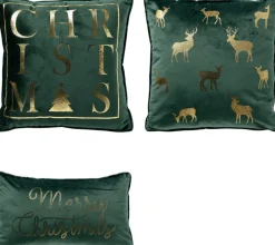 Sierkussen.nl Kerstkussens>Set Van 3 Kerst Sierkussens - Groen En Goud - 1X Deer - 1X Christmas - 1X Merry - Inclusief Polyester Vulling - Zachte Stoffen - Sfeerkussens