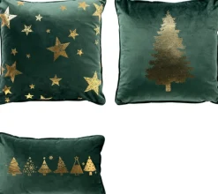 Sierkussen.nl Kerstkussens>Set Van 3 Kerst Sierkussens - Groen En Goud - 1X Trees - 1X Stars - 1X Tree - Inclusief Polyester Vulling - Zachte Stoffen - Sfeerkussens