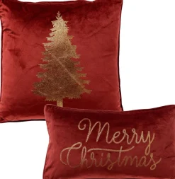 Sierkussen.nl Kerstkussens>Set Van 2 Kerst Sierkussens - Rood En Goud - 1X Tree - 1X Merry Christmas - Inclusief Polyester Vulling - Zachte Stoffen - Sfeerkussens