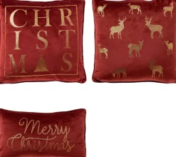 Sierkussen.nl Kerstkussens>Set Van 3 Kerst Sierkussens - Rood - Goud - 1X Merry Christmas - 1X Christmas - 1X Deer - Inclusief Polyester Vulling - Zachte Stoffen - Sfeerkussens