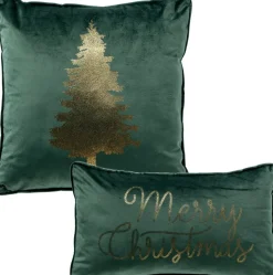 Sierkussen.nl Kerstkussens>Set Van 2 Kerst Sierkussens - Groen En Goud - 1X Tree - 1X Merry Christmas - Inclusief Polyester Vulling - Zachte Stoffen - Sfeerkussens