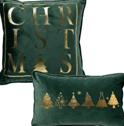 Sierkussen.nl Kerstkussens>Set Van 2 Sierkerst Kussens - Groen En Goud - 1X Christmas - 1Xtrees - Inclusief Polyester Vulling - Zachte Stoffen - Sfeerkussens