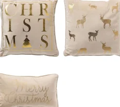 Sierkussen.nl Kerstkussens>Set Van 3 Sierkerst Kussens - Wit En Goud - 1X Deer - 1X Christmas - 1X Merry - Inclusief Polyester Vulling - Zachte Stoffen - Sfeerkussens