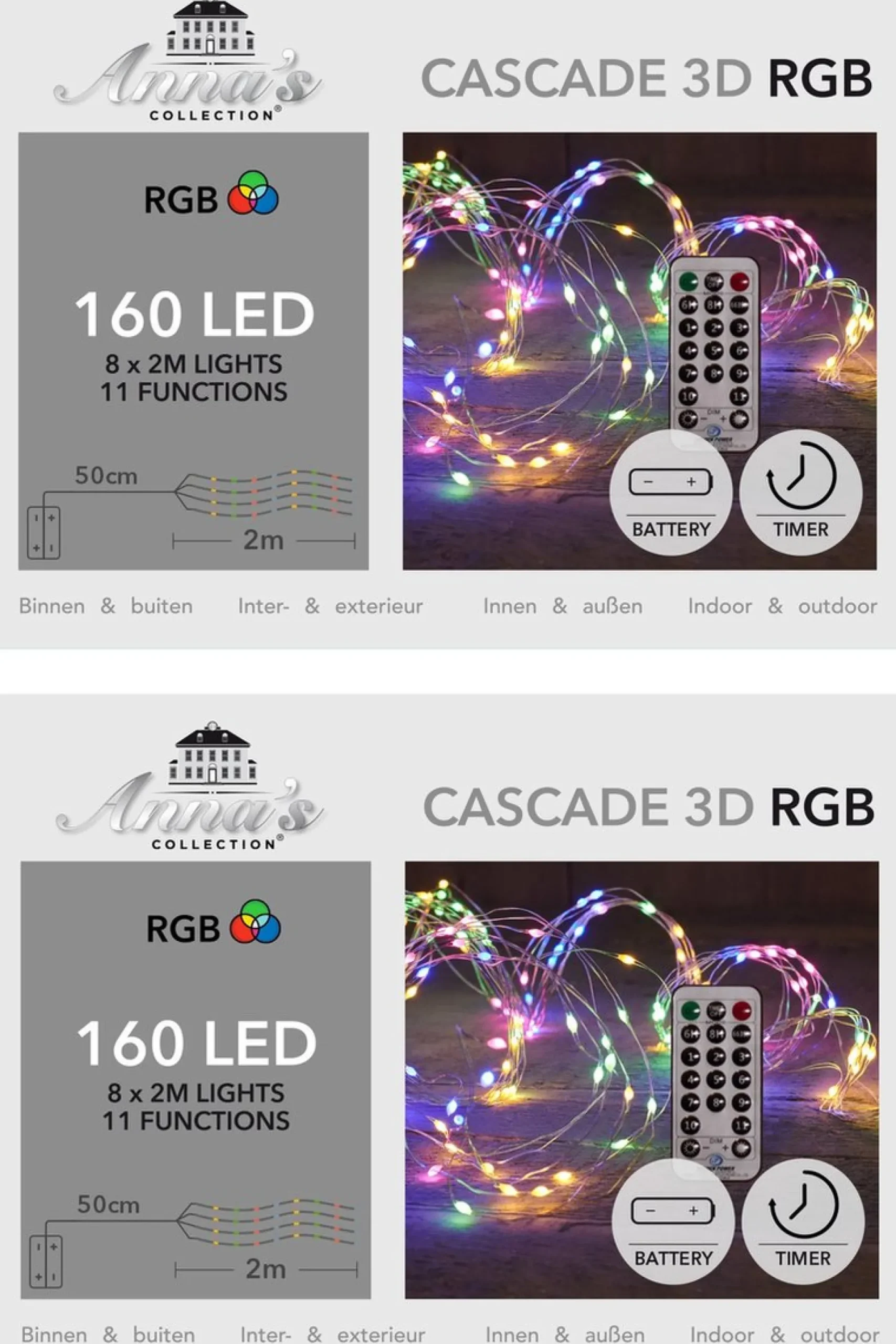 Anna's Collection Set Van 2X Stuks Cascade Draadverlichting Lichtsnoer Met 160 Lampjes Gekleurd Met 8 Lichtdraden - Op Batterijen - Kerstverlichting Clearance