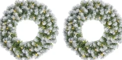Mica Decorations Kerstkransen>Set Van 2X Stuks Kerstkransen/Deurkransen Groen Met Verlichting 30 Leds En Sneeuw 60 Cm - Deurkransen/Voordeur Kransen
