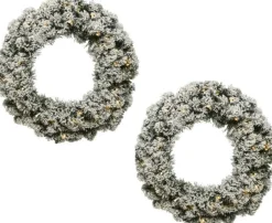 Decoris Kerstkransen>Set Van 2X Stuks Kerstkransen/Dennenkransen Groen Met Sneeuw En Warm Witte Verlichting Met Timer 35 Cm - Dennenkransen