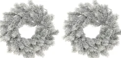 Merkloos Kerstkransen>Set Van 2X Stuks Kunst Kerstkransen Groen/Sneeuw 35 Cm - Kerst Decoratie Kransen Van Dennetakken