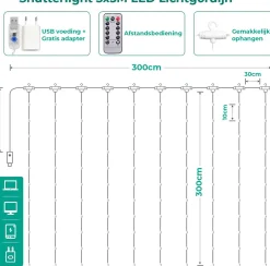 Shutterlight® Shutterlight 3X3 Meter Lichtgordijn 300 Led - Kerstverlichting Led Voor Binnen En Buiten - Warm Wit - Ip68 Waterdicht - 8 Standen - Met Adapter & Afstandsbediening Best