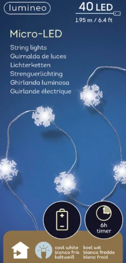 Lumineo Sneeuwvlokken Lichtsnoeren Met Timer 40 Lampjes Wit Op Batterij - Sneeuwvlok Verlichting - Kerstlampjes/Kerstlichtjes Best Sale