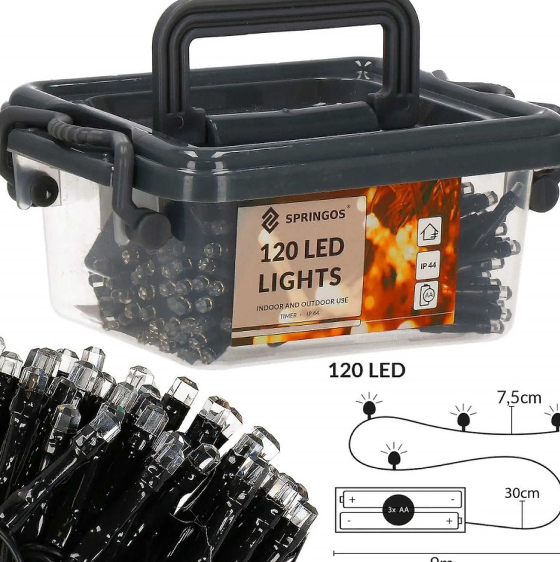 springos Kerstverlichting | Binnen & Buiten | Kristalvorm | 9 M | Batterij | 120 Led | Koel Wit Discount