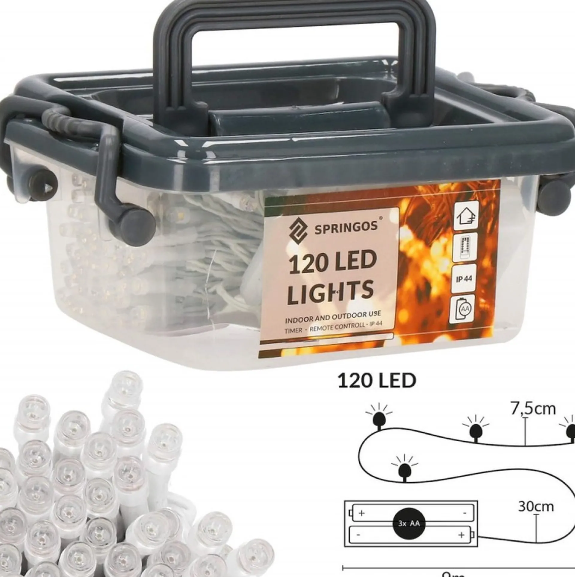 springos Kerstverlichting - Batterij - Afstandsbediening - 9 M - 120 Led - Koel Wit Sale