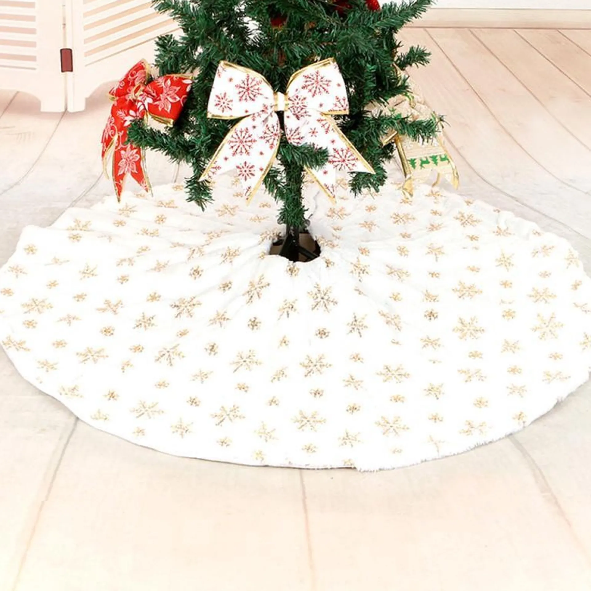 Merkloos Tdr - Duurzame Pailletten Geborduurde Kerstboom Rok - 122Cm, Sneeuw En Goud Accenten- Een Feestelijke Toevoeging Aan Je Kerstdecoratie New