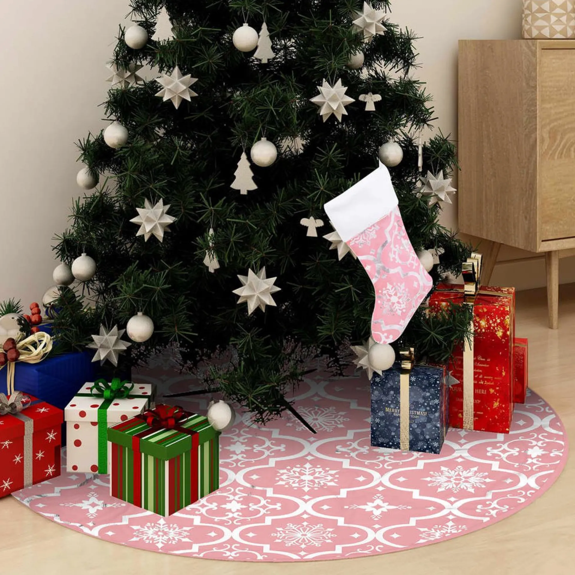 The Living Store Kerstboomrok Stof - 122 Cm - Inklapbaar - Sneeuwpatroon - Met Kerstsok Roze Best Sale