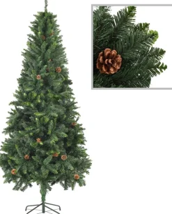 The Living Store Kunstkerstboom - Dennenboom - 210 Cm - Groen - Pvc - Met 1060 Puntige Uiteinden - Met Groen Glitter - Met 36 Dennenappels Clearance