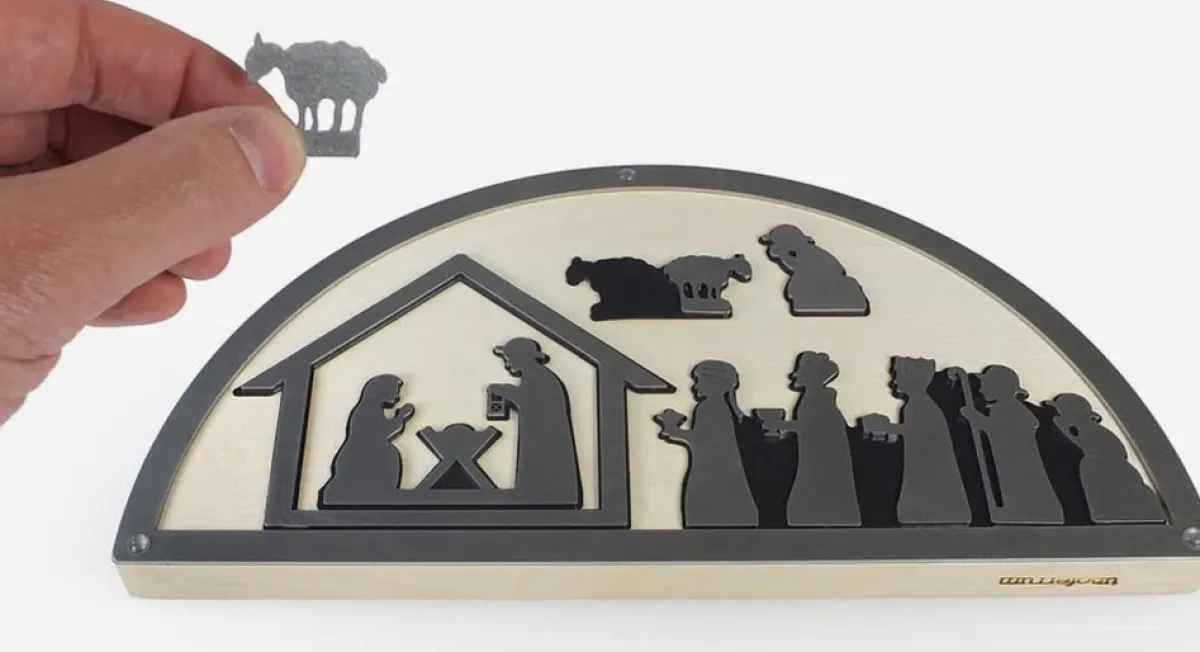 Unoferrum Kerststallen>-Silhouette-Kerstgroep-Medium-Edelstaal-Esdoornhout