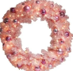* Kerstkransen>Verlichte Kerstkrans Roze Dia. 80Cm Met Versiering En 90 Led-Lampjes