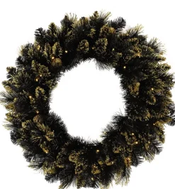 * Kerstkransen>Verlichte Kerstkrans Shimmery Golden Black Bristle - Zwart - O 61 Cm - 50 Ledlampjes - Met Gouden Glitter