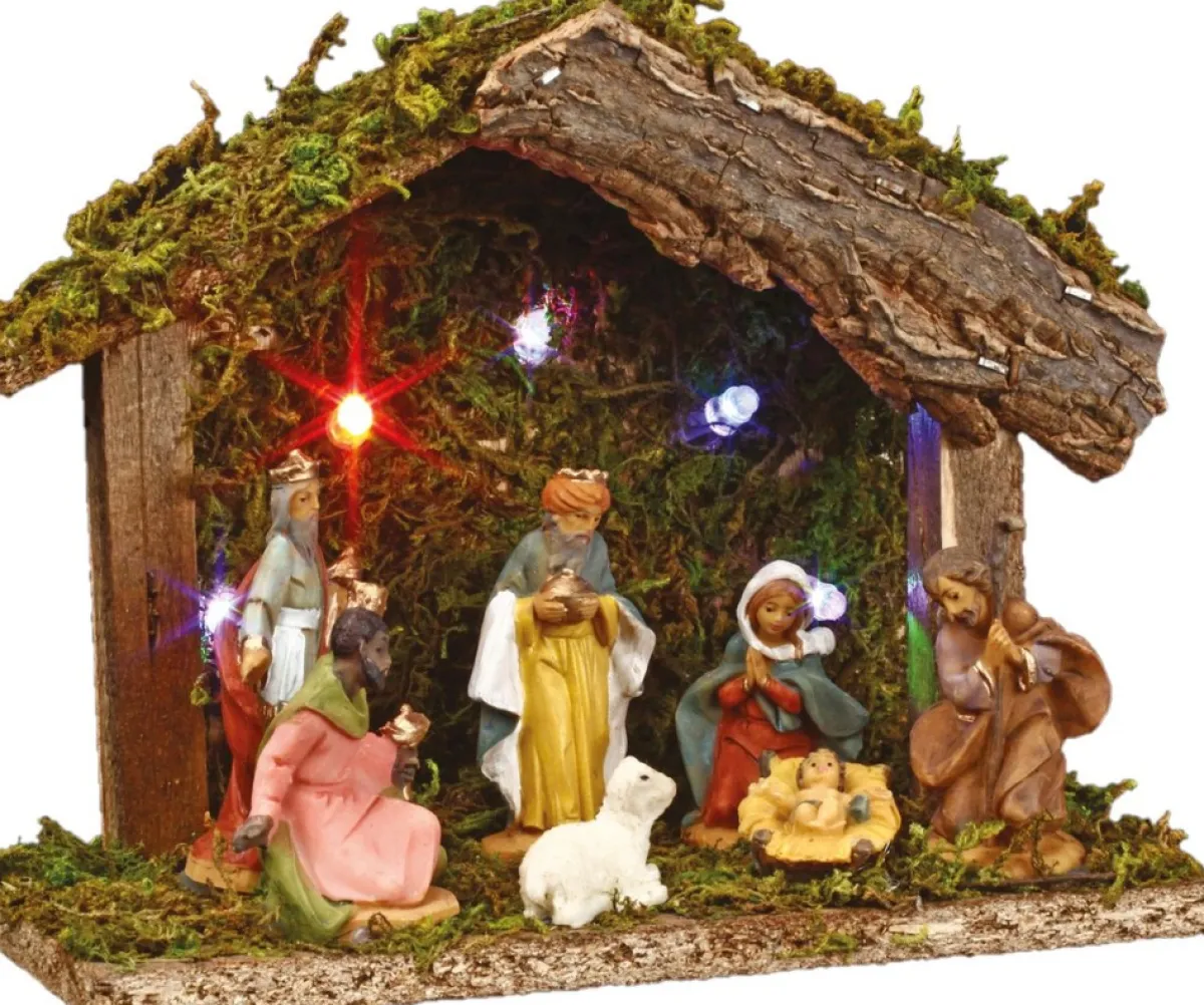 Feeric lights u0026 Christmas Kerststallen>Verlichte Kerststal Met Beelden - L18 X B8 X H13,5 Cm - Op Batterijen