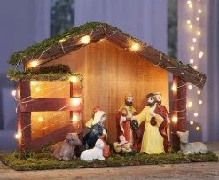 Merkloos Kerststallen>Verlichte Kerststal Met Kerststal Beeldjes 30 X 10 X 20 Cm - Kerststalletjes/Kerststallen Met Licht/Verlichting