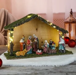 Merkloos Kerststallen>Verlichte Kerststal Met Kerststal Beeldjes 40 X 16 X 25,5 Cm - Kerststalletjes/Kerststallen Met Licht/Verlichting