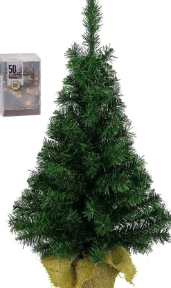 Merkloos Volle Kunst Kerstboom 75 Cm In Jute Zak Inclusief 50 Warm Witte Lampjes - Mini Kerstbomen Met Verlichting Cheap