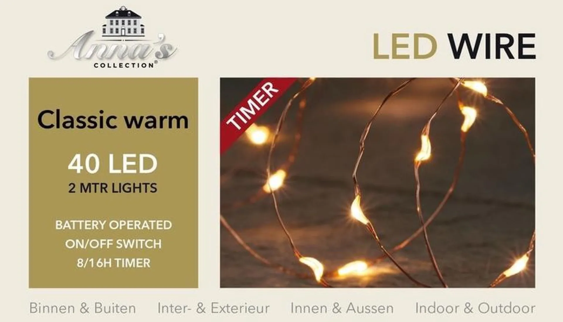 Anna's Collection 1X Draadverlichting Koper Met Timer 40 Klassiek/Classic Warm Witte Leds Op Batterijen - Lichtdraad Koperdraad Met 40 Leds Fashion