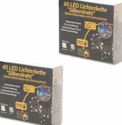 Merkloos 2X Draadverlichting Zilver Met Gekleurde Led Lampjes 6 Meter Op Batterijen Met Timer - Kerstverlichting Lichtsnoeren Online